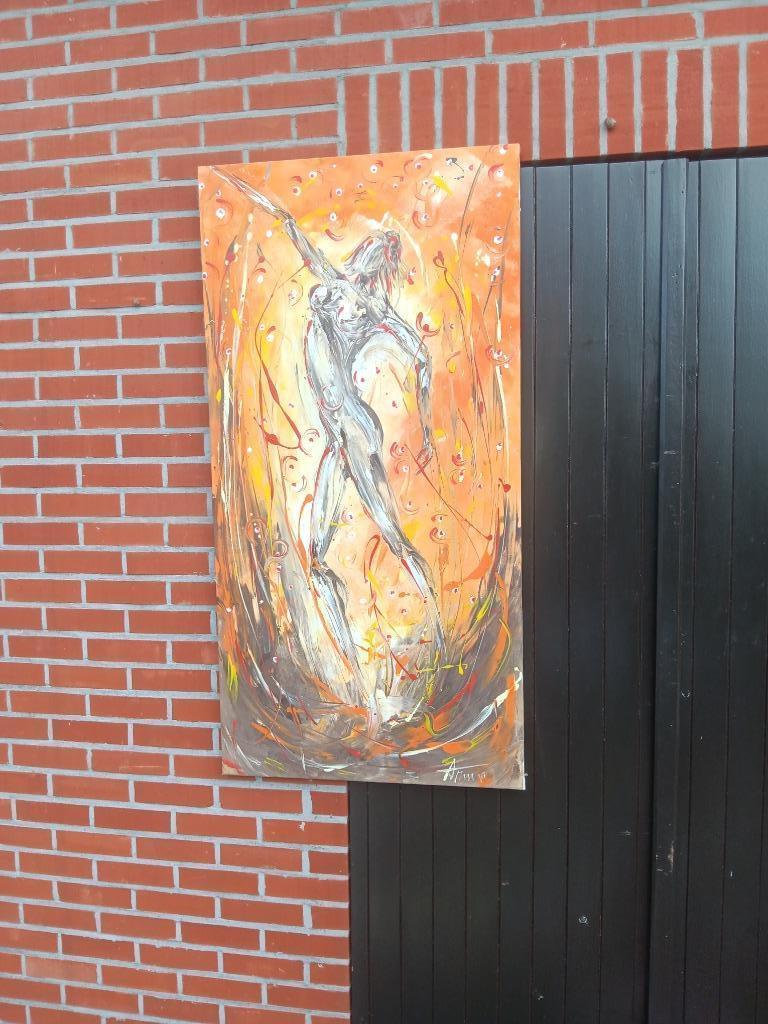 Schilderij modern geel oranjekleurig, Antiek en Kunst, Ophalen