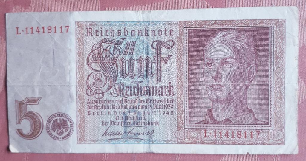 ALLEMAGNE: 5 REICHSMARK 1-8-1942 PICK 186 b ! assez rare, Envoi, Allemagne, Billets en vrac