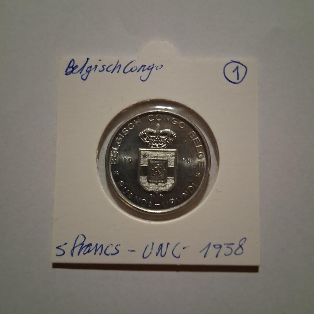 Congo belge, 5 francs Aluminium 1958.Unc, Envoi