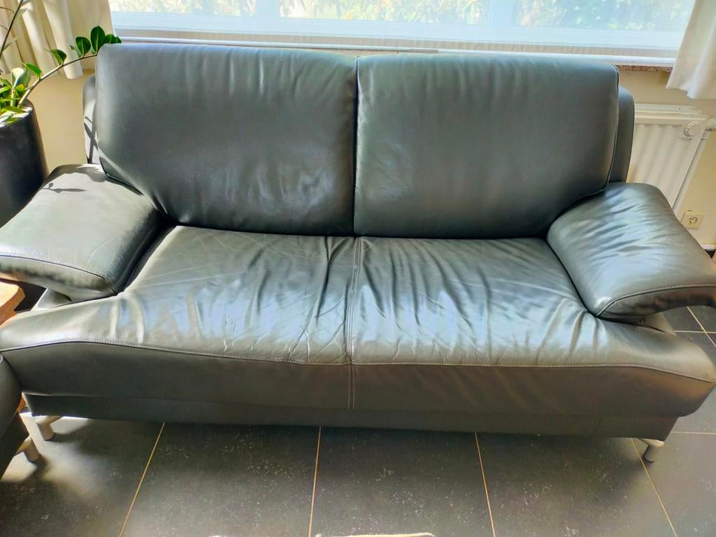 Prachtige antracietkleurige leren fauteuils, Ophalen, Gebruikt