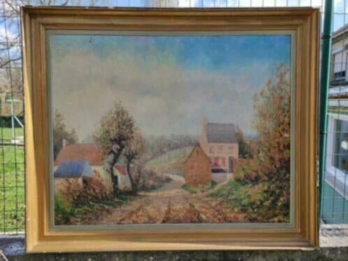 Huile sur toile paysage avec maison signe, Ophalen