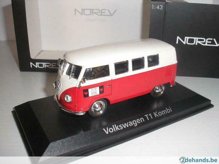 1:43 Norev 840216 VW T1 Kombi bus wit-rood 1950-1967, Ophalen of Verzenden, Zo goed als nieuw, Auto