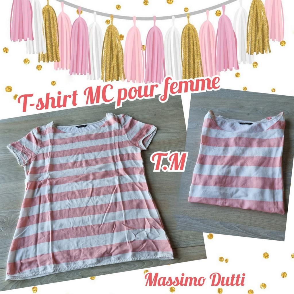 T-shirt MC pour femme-rose et blanc-Massimo Dutti-T.M, Manches courtes, Taille 38/40 (M), Rose, Porté