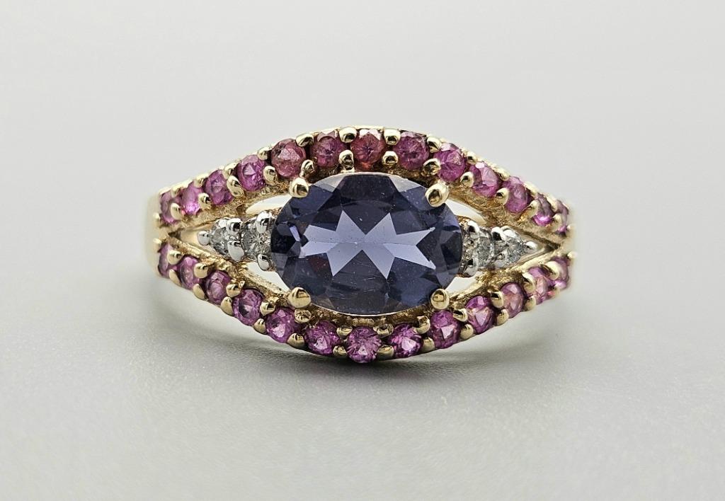 Gouden Vintage ring tanzaniet,robijn en diamant. 2024/339, Handtassen en Accessoires, Ringen, 18 tot 19, Paars, Ophalen of Verzenden