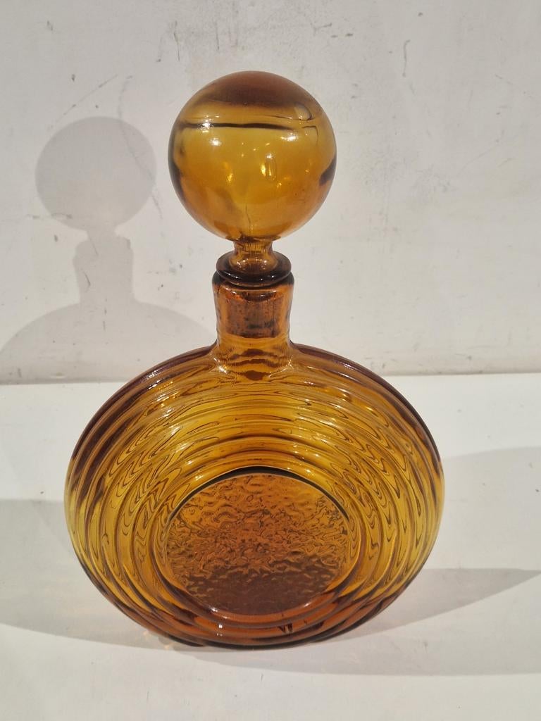 Empoli Rossini reliëf brutalist amber glas decanteer karaf, Ophalen of Verzenden