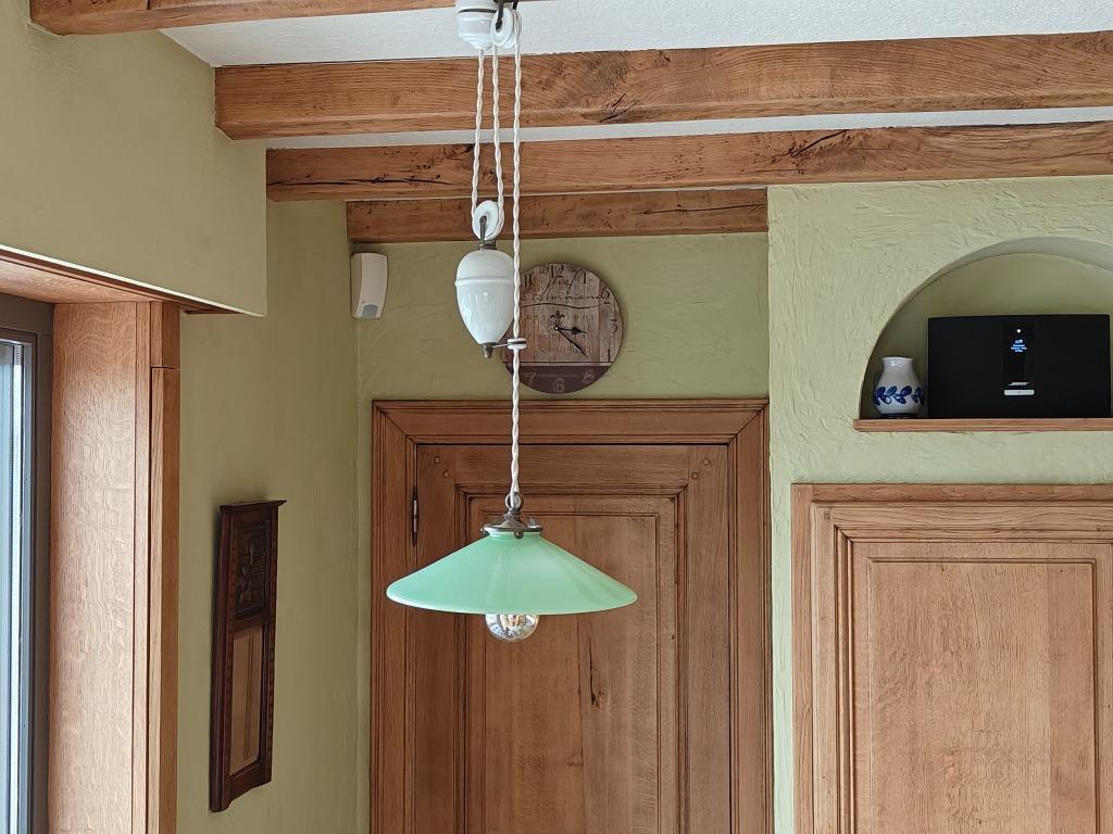 ANCIENNE LAMPE SUSPENDUE EN OPALINE DES ANNÉES 1930, VINTAGE - INDUSTRIEEL - LANDELIJK - RUSTIEK - LOFT, 75 cm ou plus, Tissus