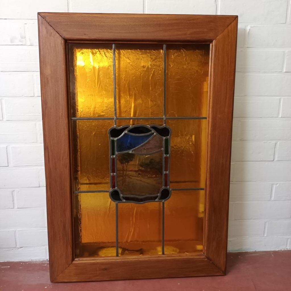Inbouw houten frame met glas in loodraam - 109x77cm, Antiek en Kunst, Ophalen