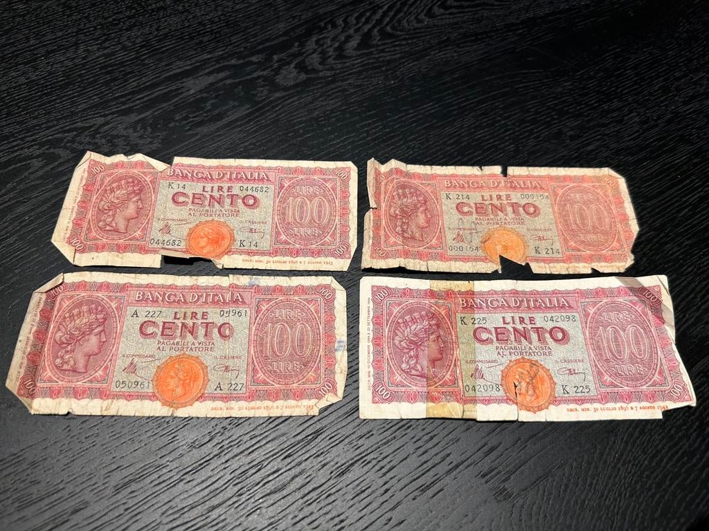 Oud 100 Lire Bankbiljet uit Italië uit 1943, Enlèvement, Italie, Billets en vrac