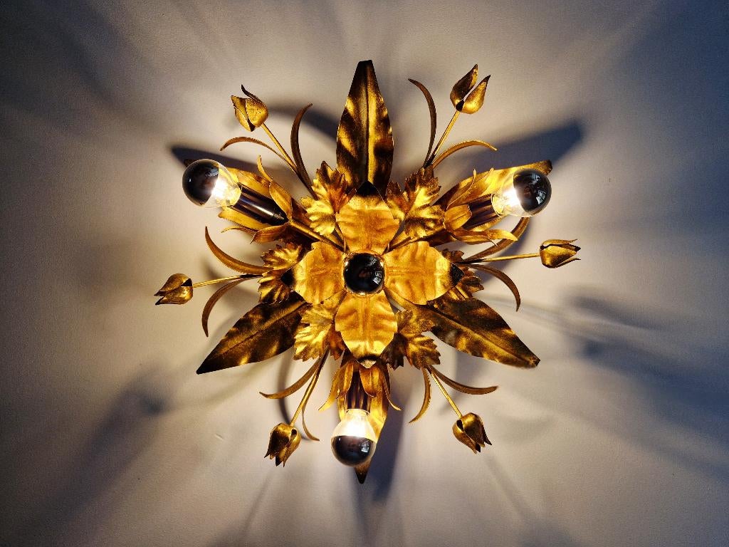 Plafonnier Italien en métal doré, Hollywood Regency, 1970, Antiquités & Art, Antiquités | Éclairage, Enlèvement ou Envoi