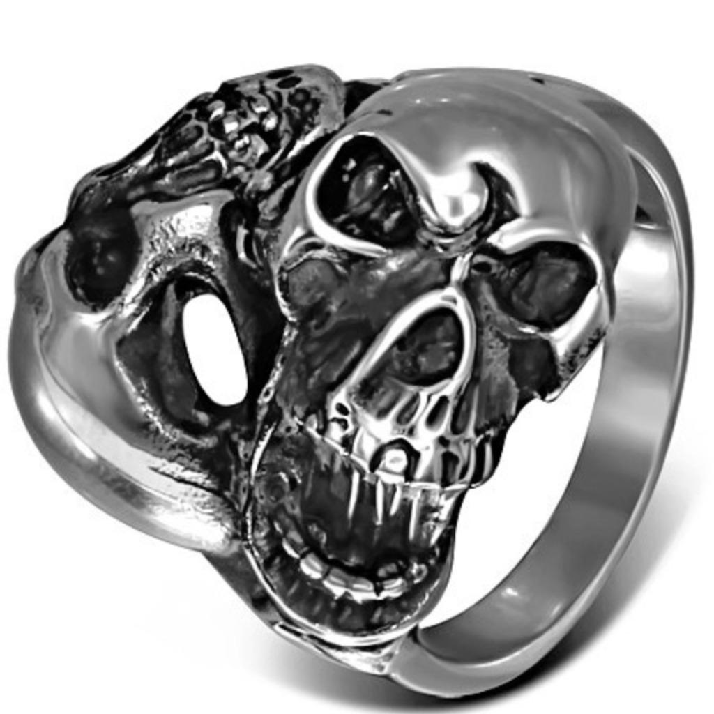 Bague double tête de mort en acier inoxydable poli, Enlèvement ou Envoi, Neuf, Fer ou Acier, Femme ou Homme