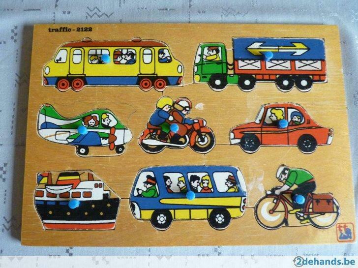Houten inlegpuzzel auto's, vliegtuig, fiets.., Kinderen en Baby's, 2 tot 4 jaar, Gebruikt, Ophalen of Verzenden, Van hout