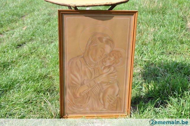 vierge a l'enfant sur panneau avec encadrement bois, Antiquités & Art, Antiquités | Objets religieux