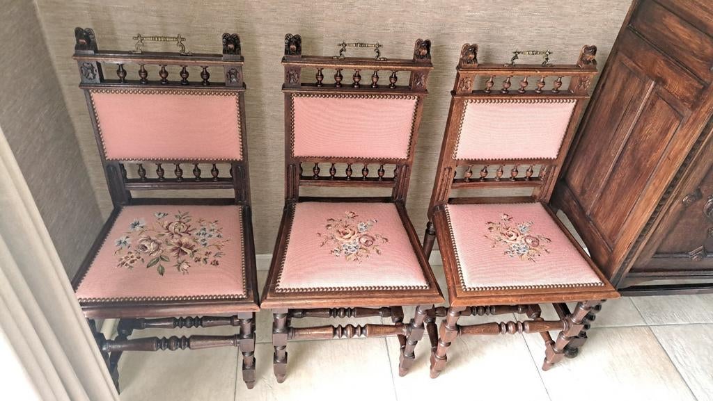 3 stevige antieke mechelse stoelen met handwerk, Ophalen