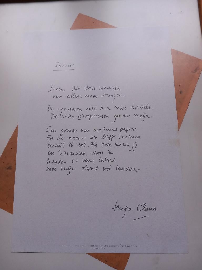 Gedicht Hugo Claus gesigneerd, Nieuw, Ophalen of Verzenden, Eén auteur, Hugo Claus