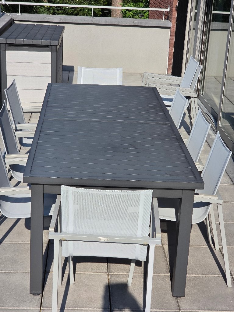 Terrastafel + 10 stoelen, Ophalen, Gebruikt, Rechthoekig, Aluminium