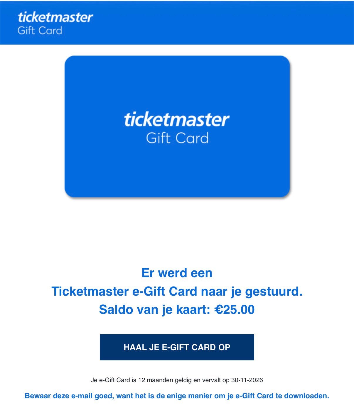 Carte cadeau Ticketmaster de 25€ valable jusqu'au 30/11/2026, Tickets & Billets, Réductions & Chèques cadeaux, Une personne, Bon cadeau