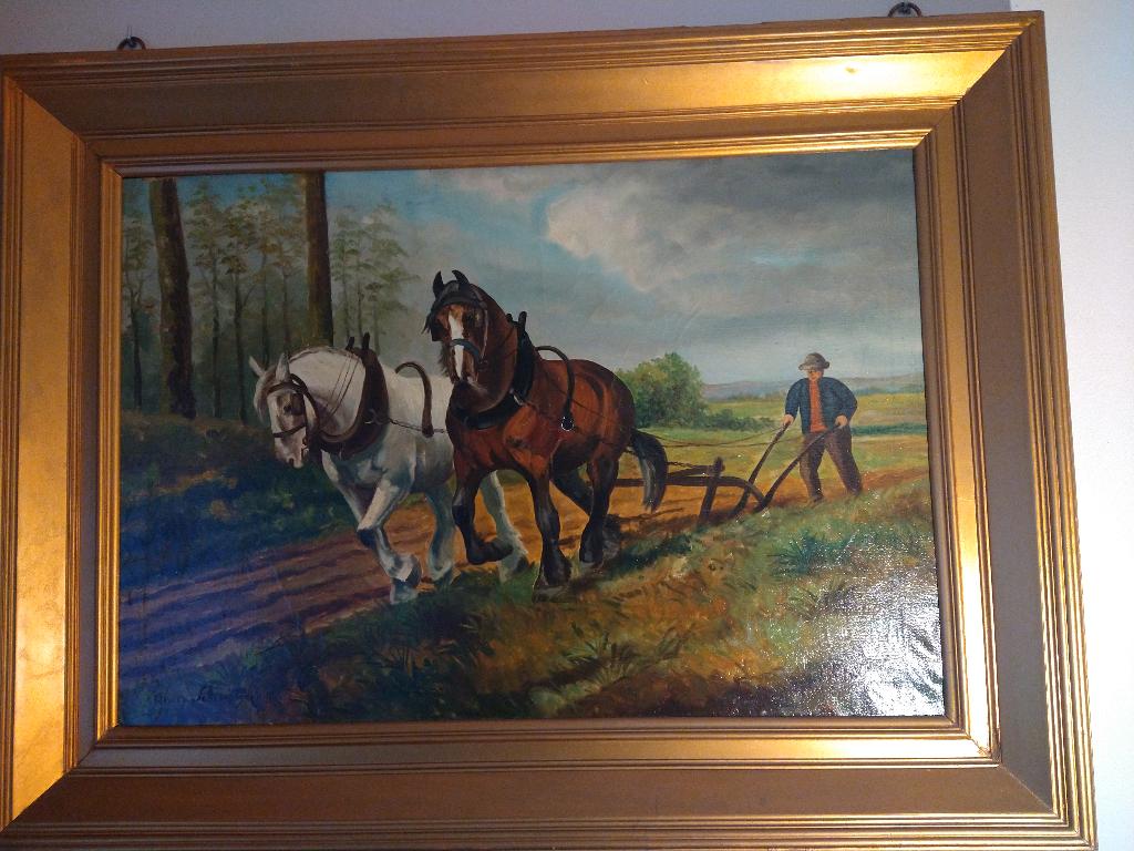 Schilderij met ploegende paarden - gesigneerd, Antiek en Kunst, Ophalen