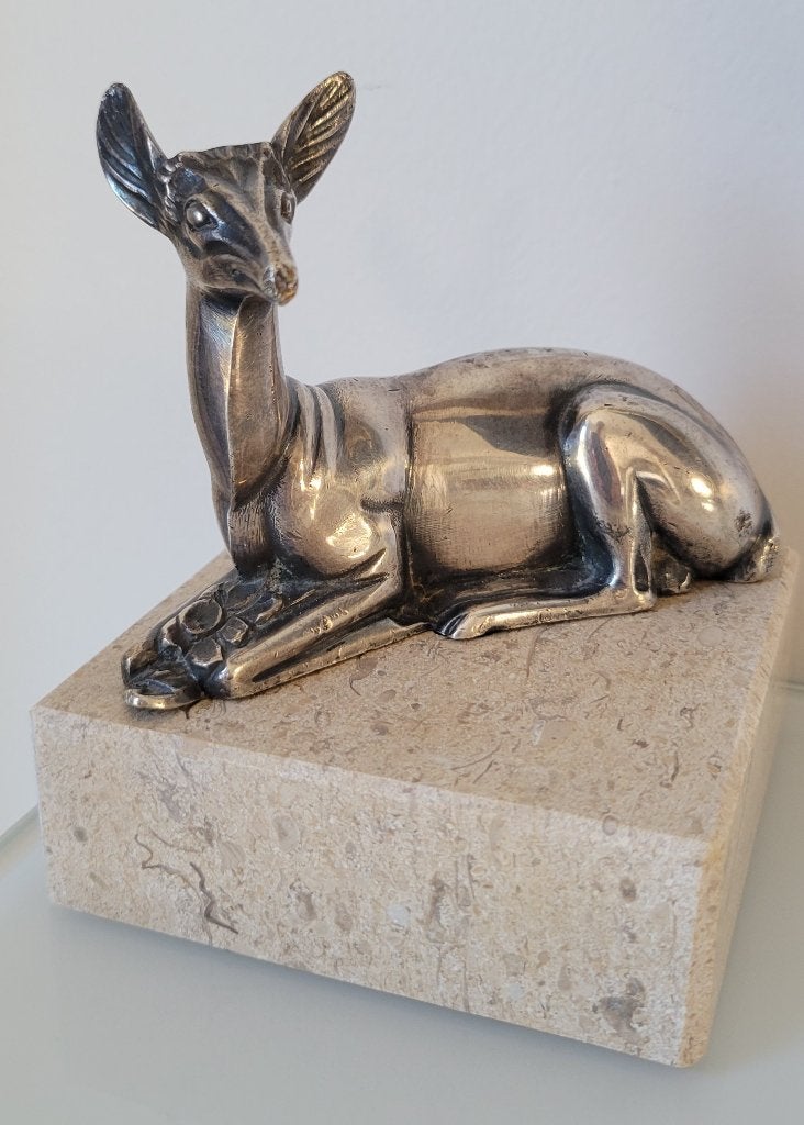 Georges LAVROFF - Zilverkleurig bronzen hert, Art Deco 1930, Antiek en Kunst, Zilver, Overige onderwerpen, Minder dan 20 cm, Art deco