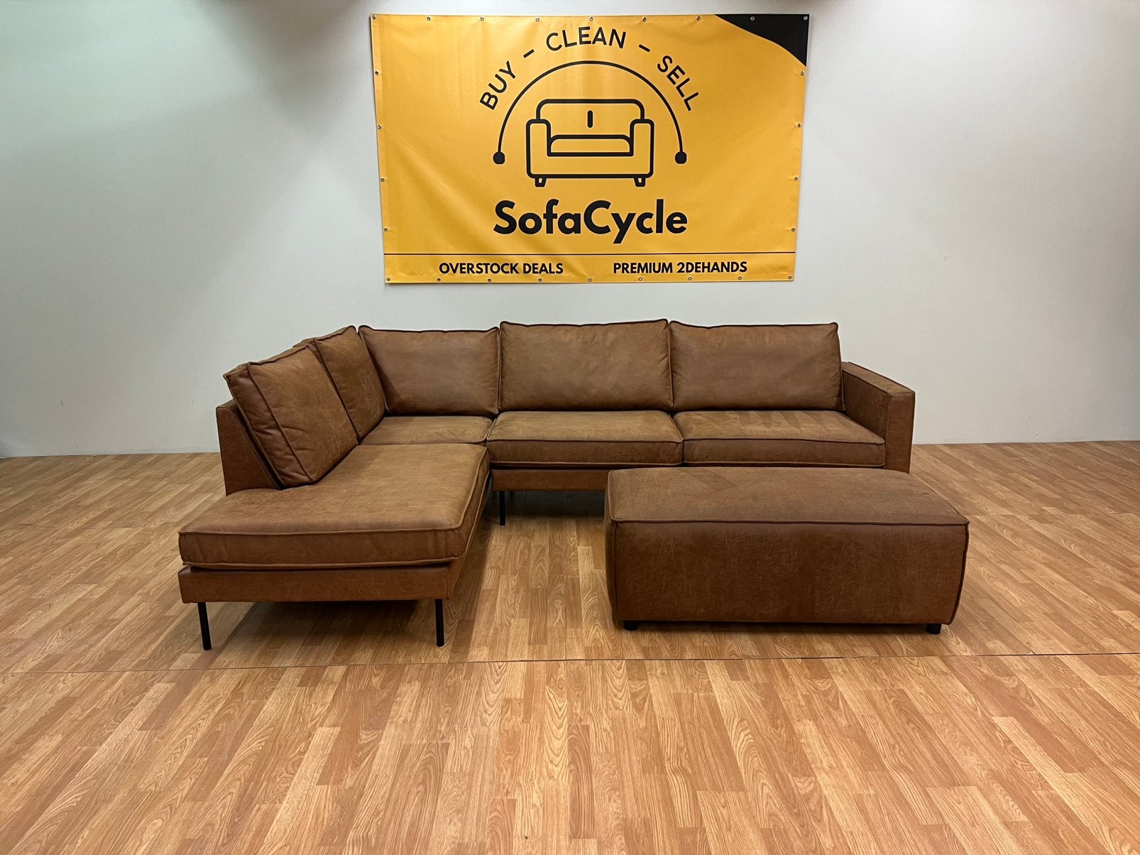 Chaise d'angle Cognac avec pouf LIVRÉE DEMAIN, Enlèvement ou Envoi, Comme neuf, SofaCycle, Info@sofacycle.be