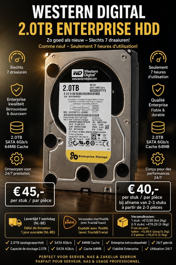 (3x) WD 2TB Enterprise - SATA NAS HDD - Slechts 7draaiuren, Intern, 2TB, Server, Ophalen of Verzenden