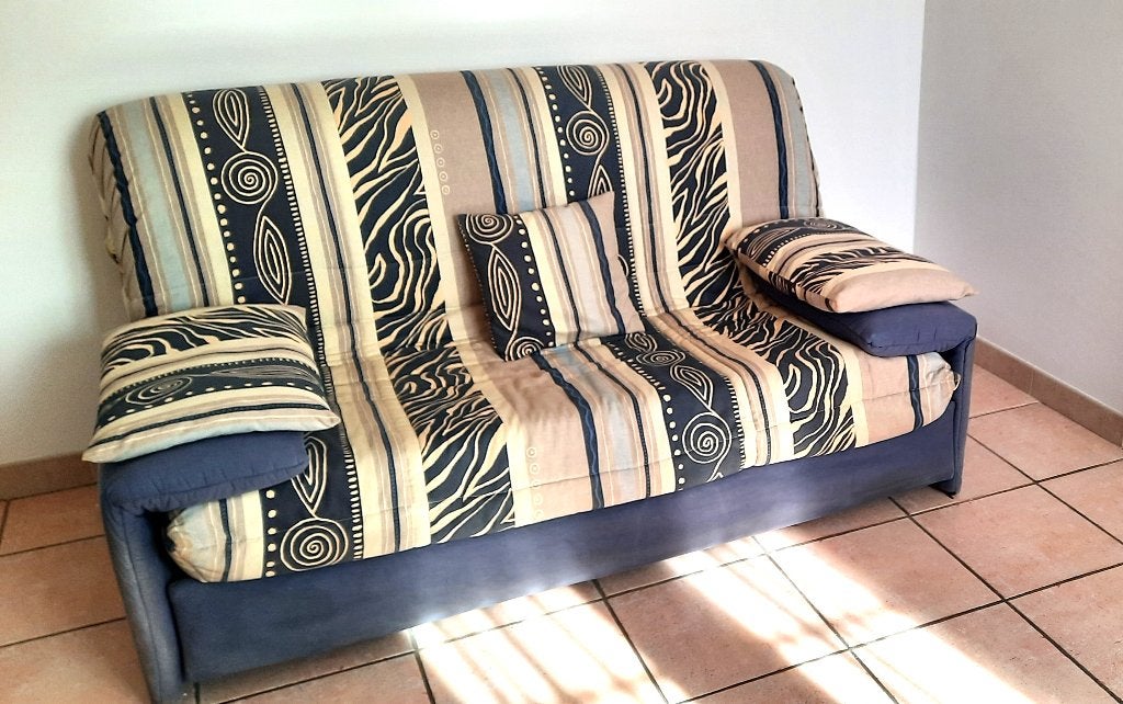 Slaapbank - zetelbed, Huis en Inrichting, Slaapkamer | Slaapbanken, Ophalen, Blauw, 200 cm, 140 cm