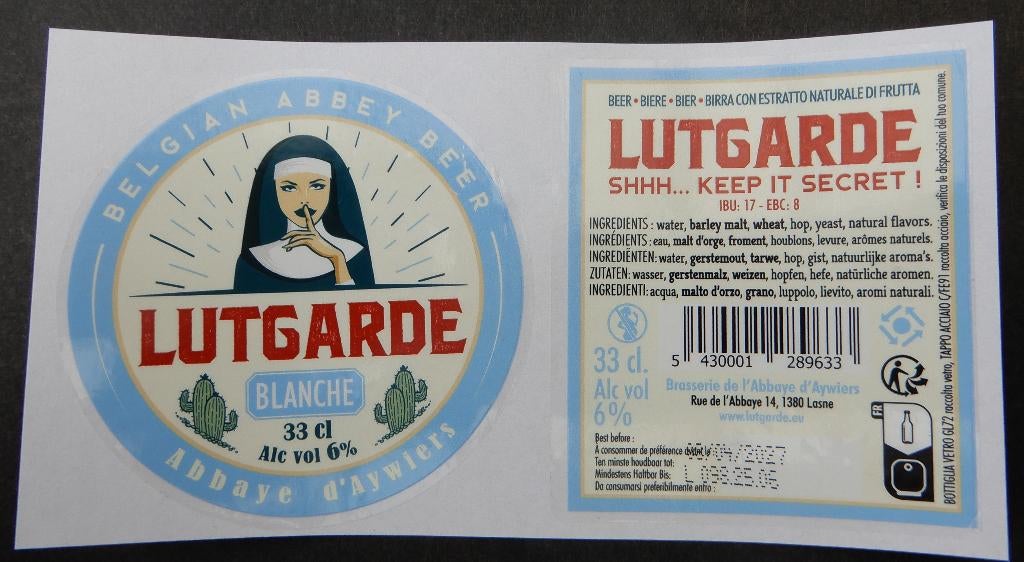 Étiquette de bière Lutgarde Blanche L'abbaye d'Aywiers 12r1, Collections, Marques de bière, Utilisé, Envoi