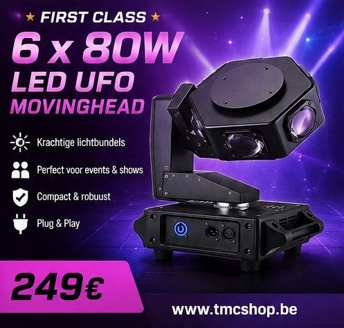 Nieuwe First Class 6 x 80W Led Ufo Movinghead, Muziek en Instrumenten, Licht en Laser, Ophalen of Verzenden, Nieuw, Licht, Geluidgestuurd