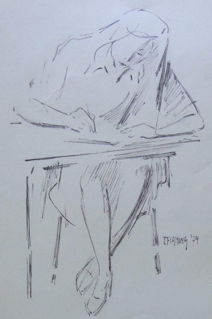 JAN FLAMENG / STUDENTE AAN HET WERK / ORIGINEEL WERK 39x30cm, Enlèvement ou Envoi