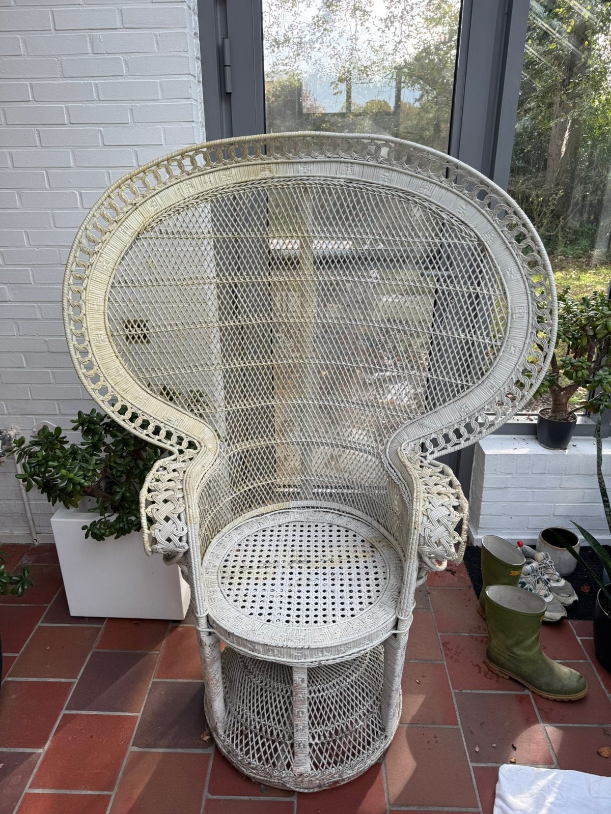 Vintage Witte Rotan Pauwenstoel - Bohemian Stijl, Ophalen