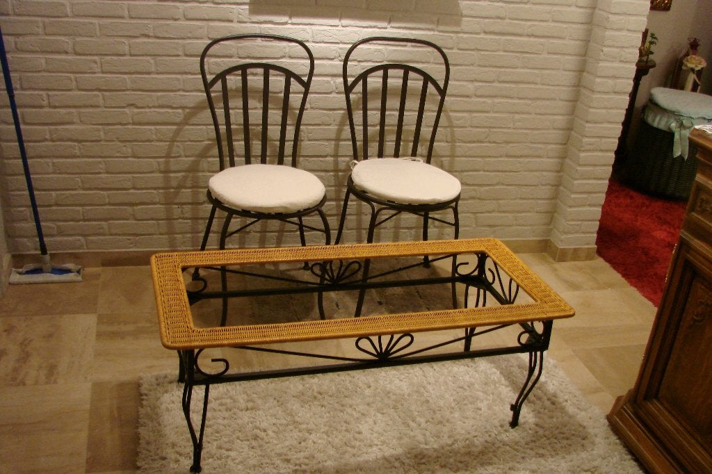 smeedijzer set van 2 stoelen en tafeltje, Ophalen, Gebruikt, Metaal, Smeedijzer