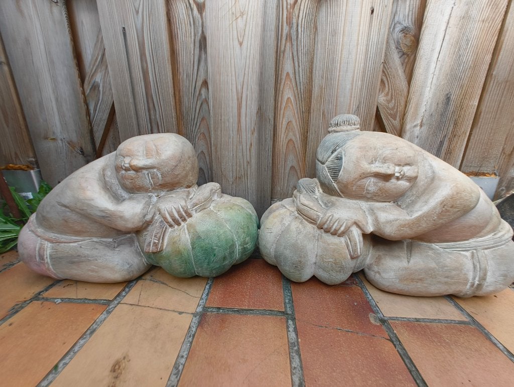Statues asiatiques en bois — Enfants endormis sur citrouille, Statue, Bois, Asie, Peint