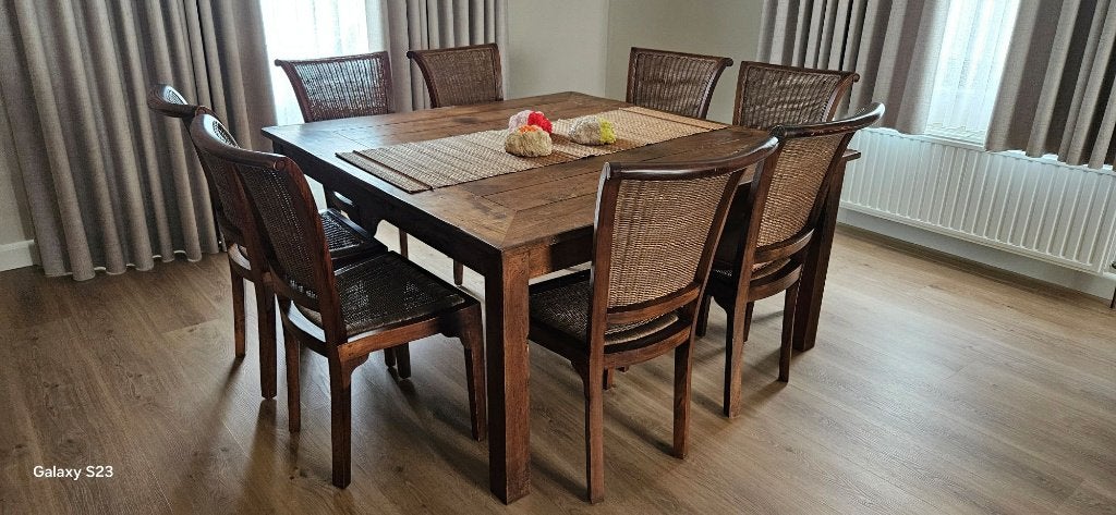 eettafel vierkant in teak+ 8 bijpassende stoelen, Teck, 150 à 200 cm, Cinq personnes ou plus, Enlèvement