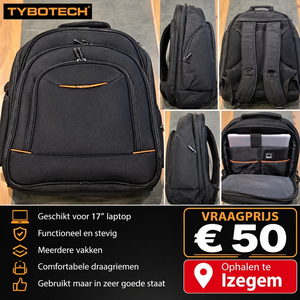 TYBOTECH 17" Rugzaklaptoptas., Informatique & Logiciels, Compartiment rembourré, Noir, Enlèvement, Utilisé