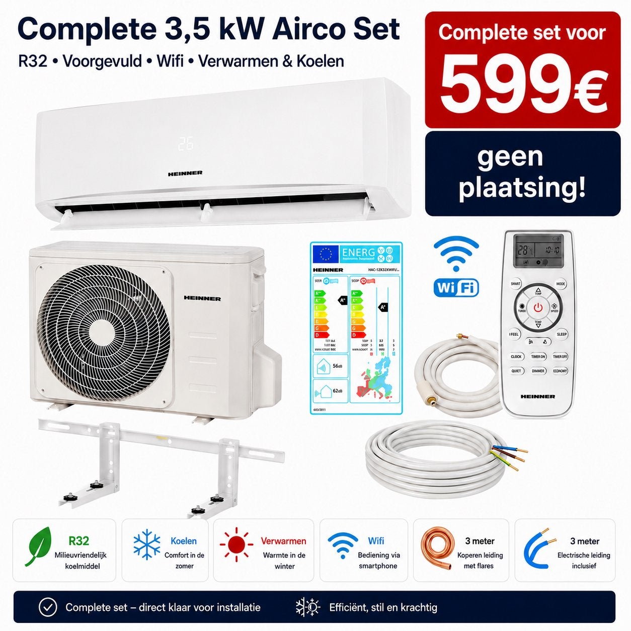 Airco airconditioning mono split 3,5kw nieuw, Elektronische apparatuur, Airco's, Nieuw, Wandairco, 3 snelheden of meer, Koelen en Ontvochtigen