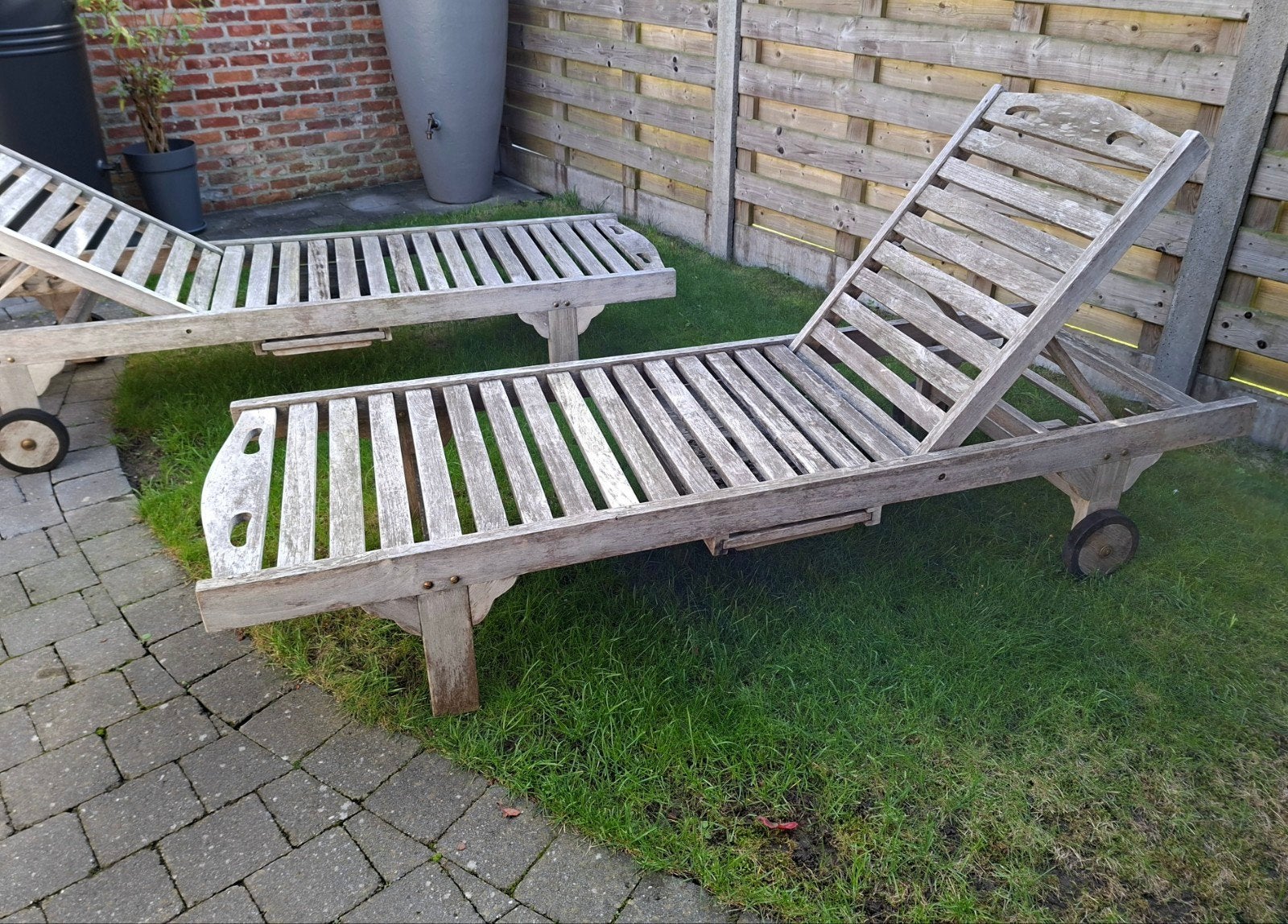 Teak ligzetels met kussens, Ophalen, Gebruikt, Hout, Verrijdbaar