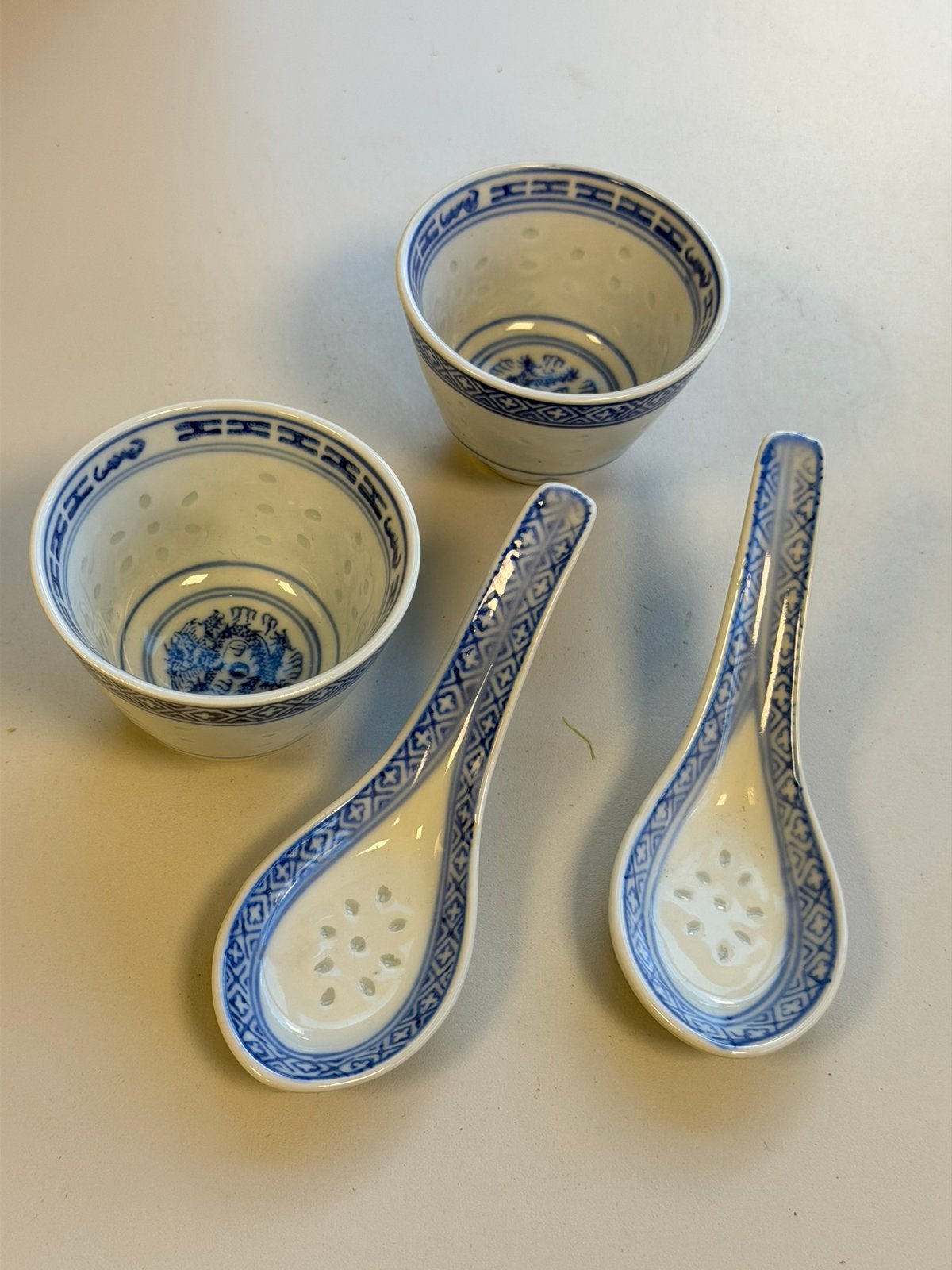 Blauw Wit Porseleinen chinese Rijstkommen + Lepels servies, Ophalen of Verzenden