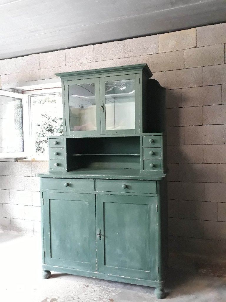 Houten vitrinekast - Armoire vitrine verte, Avec tiroir(s), Autres essences de bois, Paysan, 100 à 150 cm