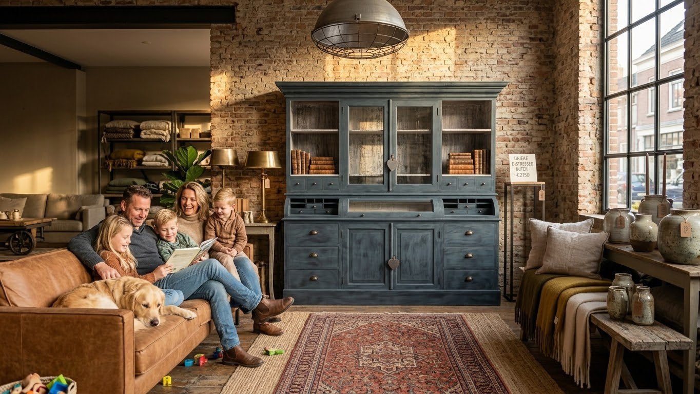 Unieke Teak Buffetkast in Aubusson Blue, Huis en Inrichting, Kasten | Buffetkasten, 200 cm of meer, Ophalen of Verzenden, 200 cm of meer