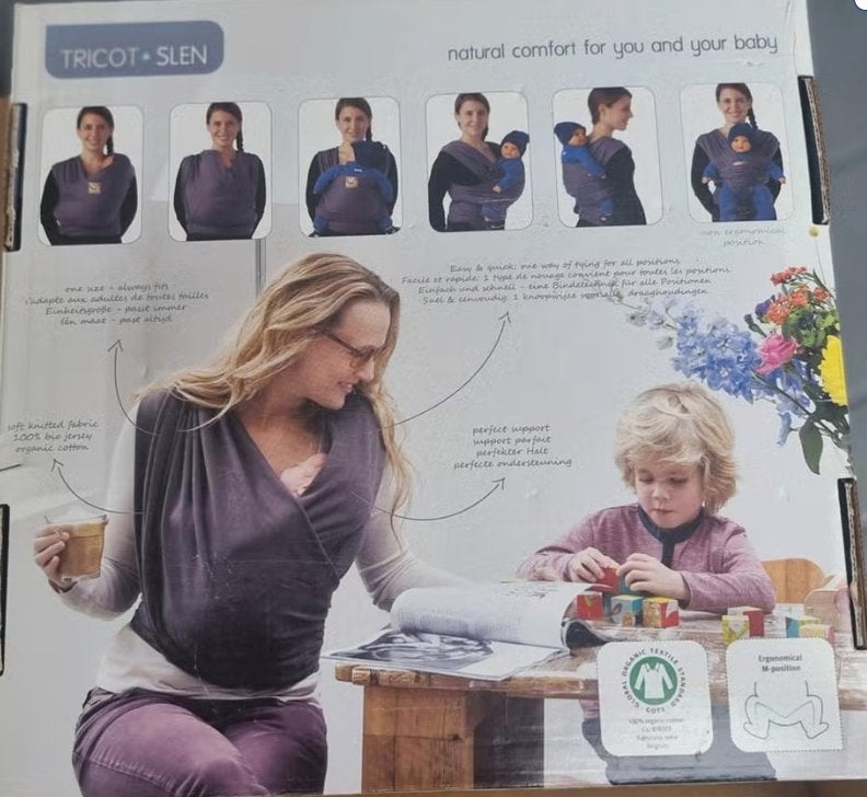 Babylonia Tricot-Slen draagdoek (grijs/blauw) originele doos, Kinderen en Baby's, Babydragers en Draagdoeken, Zo goed als nieuw