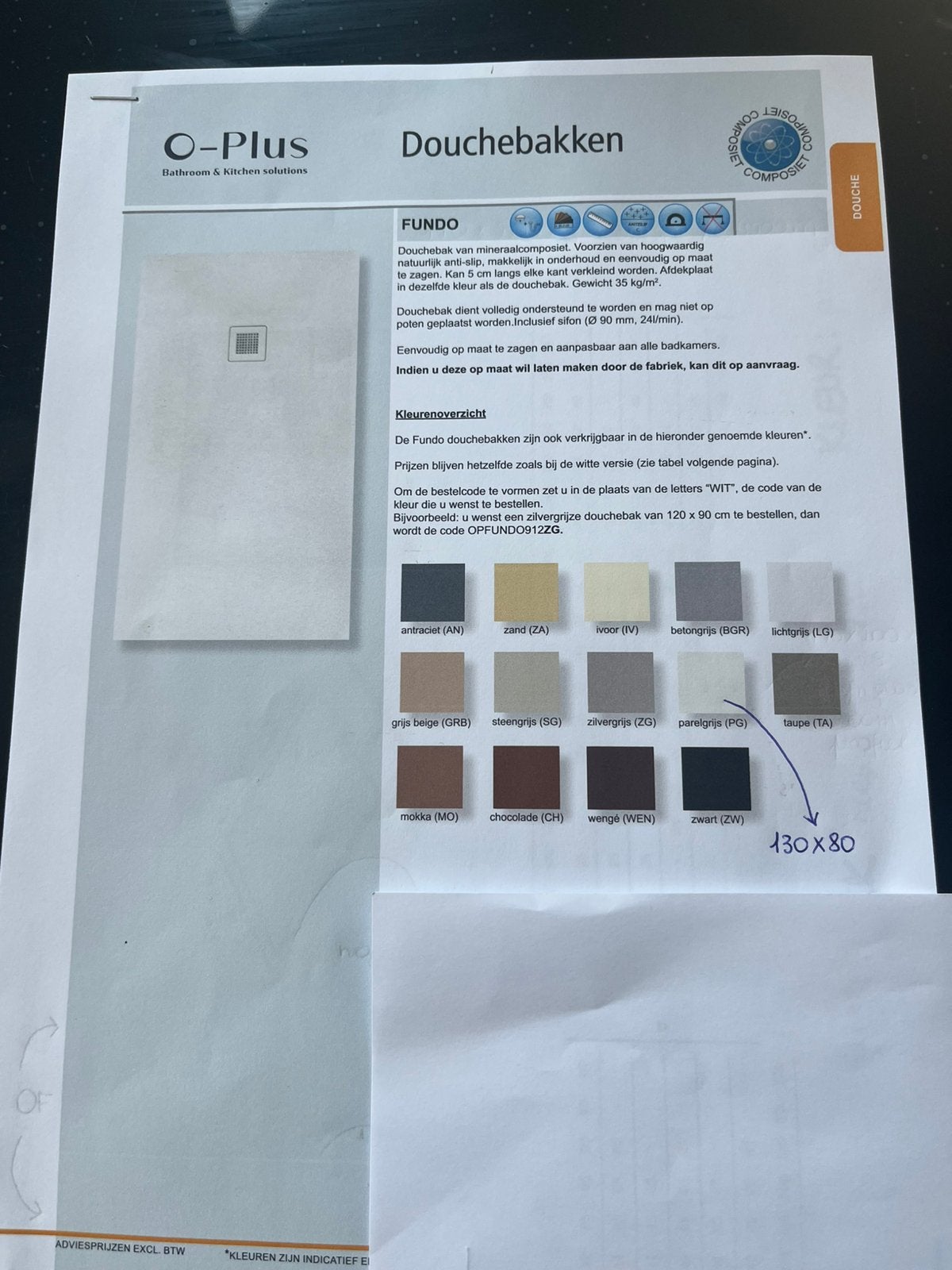 Douchebak FUNDO parelgrijs 130cm x 80cm, Ophalen, Nieuw, Steen, Douche