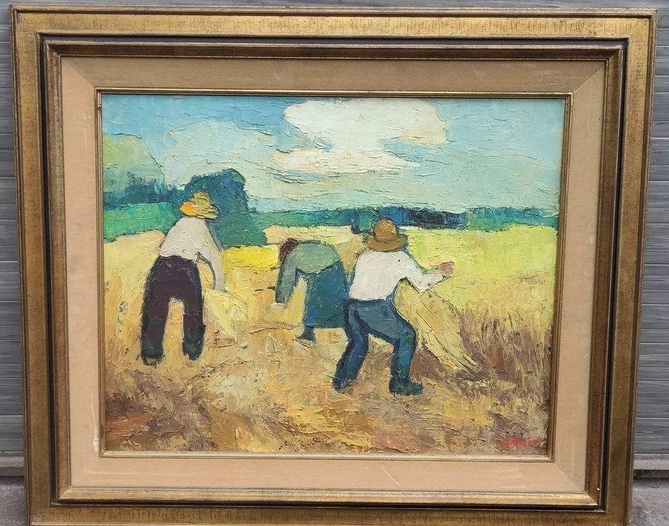 Huile sur toile moisson signe goerges briquet, Antiquités & Art, Enlèvement ou Envoi