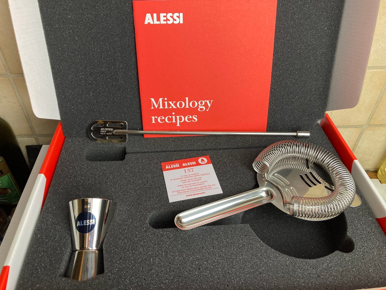 Nieuwe barset cocktail set Alessi maatbeker zeef roerstok, Ophalen, Nieuw, Metaal