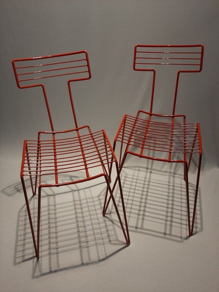 Set vintage rode draadstoelen –stapelbaar–indoor & outdoor, Gebruikt, Twee, Ophalen of Verzenden, Metaal