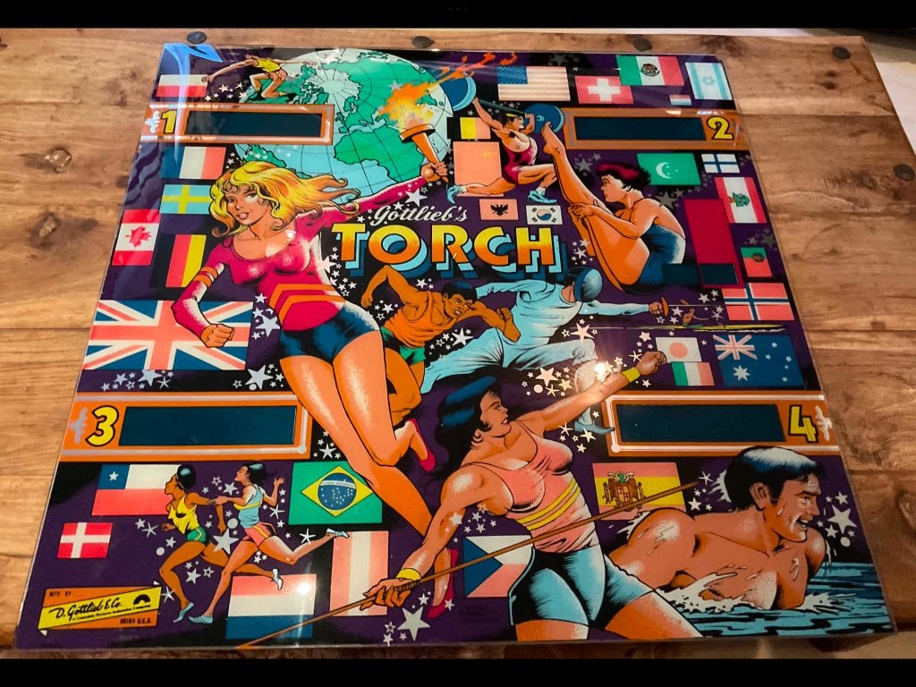Backglass van Torch flipperkast D. Gottlieb & Co Olympische, Verzamelen, Automaten | Flipperkasten, Ophalen, Gebruikt, Flipperkast