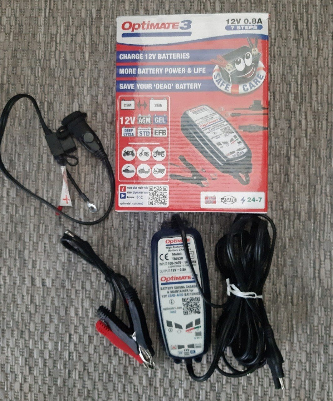 Lader Optimate 3 compleet met batterij kabel, Motoren, Ophalen