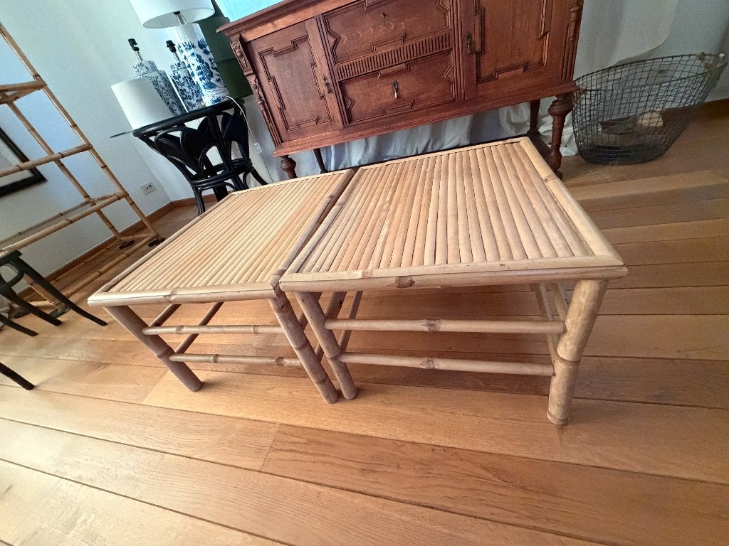 2 tables design en bambou/rotin – Comme neuves – 99 € !, Maison & Meubles, Enlèvement, Comme neuf, Carré