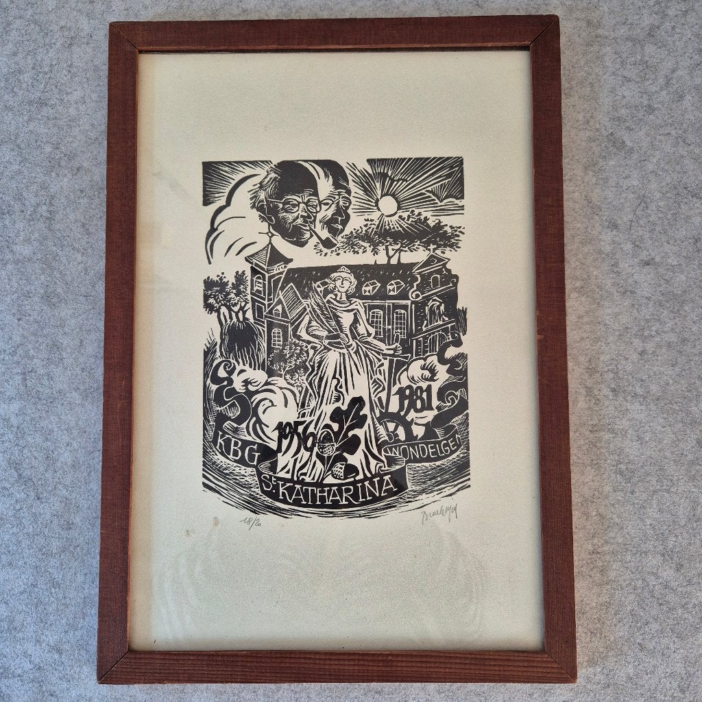 Michel Bracke, linosnede St Katharina Wondelgem, Antiek en Kunst, Kunst | Litho's en Zeefdrukken, Ophalen of Verzenden, Linosnede