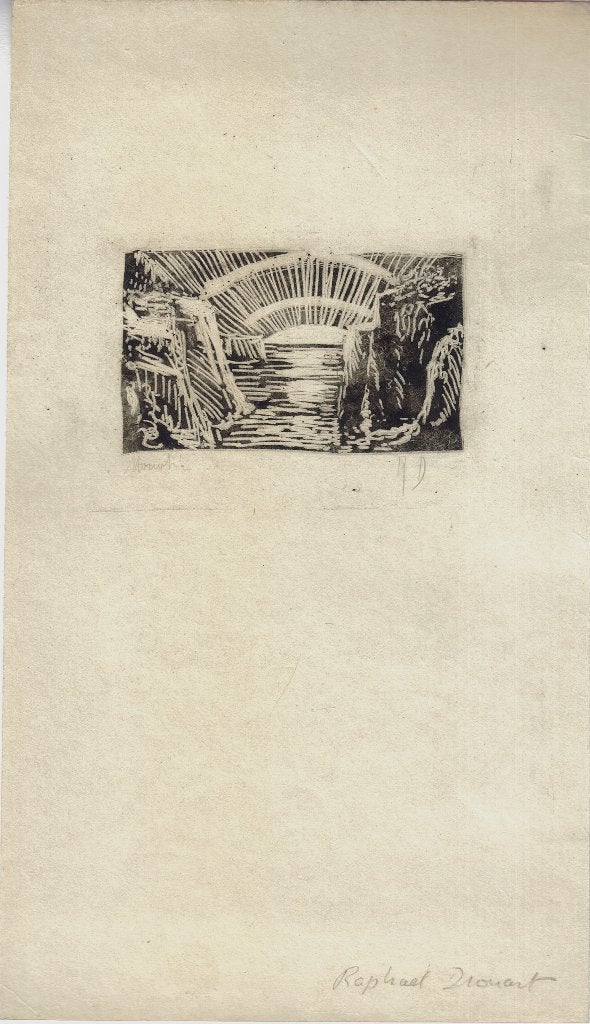 Raphael Drouart monotypie "Ondergaande Zon Impressie" monogr, Gesigneerd, Ophalen, Landschappen, Monotypie