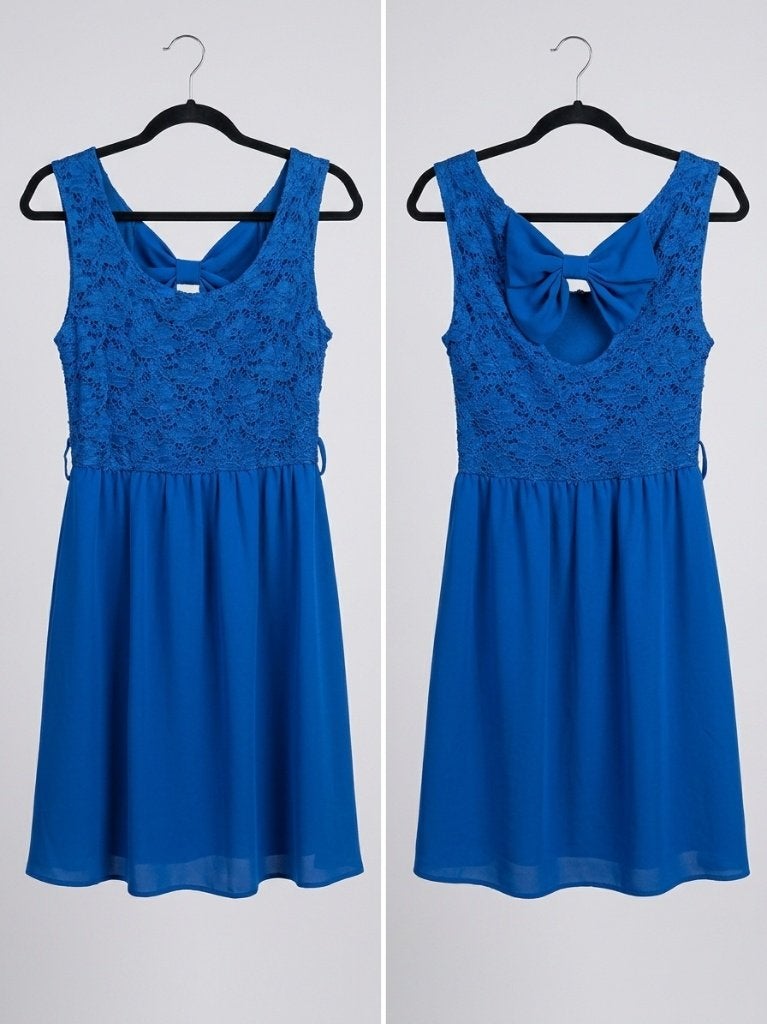 Blauwe jurk met kant en strik (Confezionato), Taille 36 (S), Enlèvement, Bleu, Longueur genou