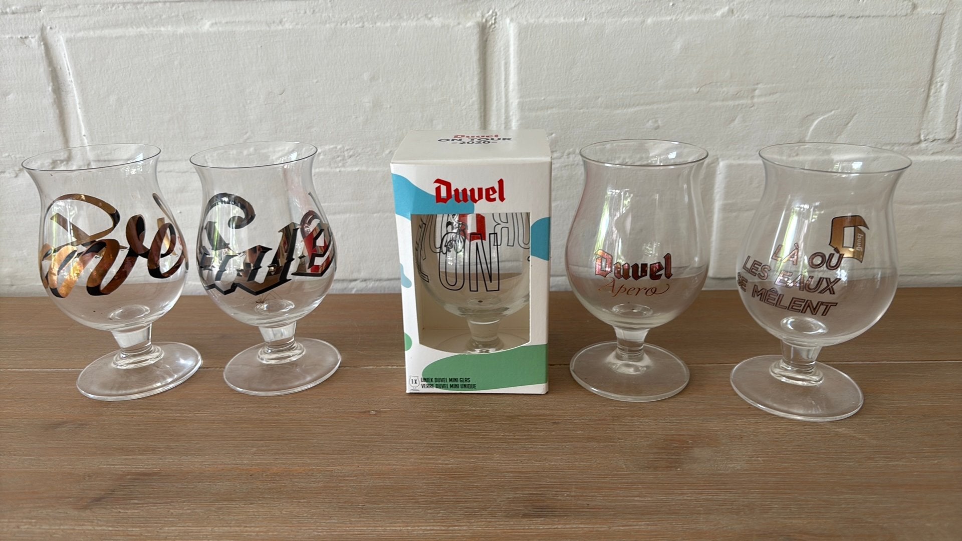 5 Duvel glaasjes 15cc, Ophalen, Zo goed als nieuw, Bierglas